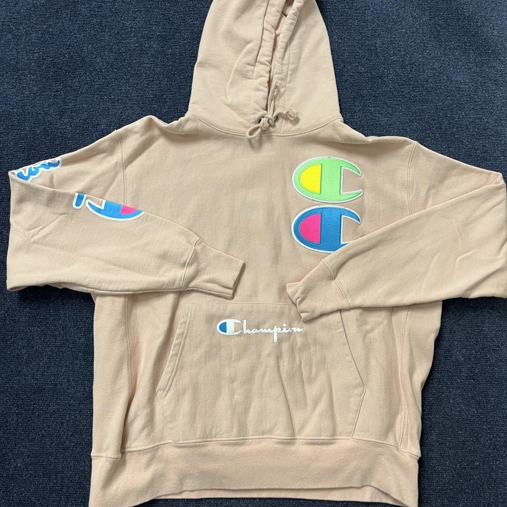 Champion Reverse Weave Hoodie Mens XL Beige Pullover Multicolor Logo Sweatshirt
